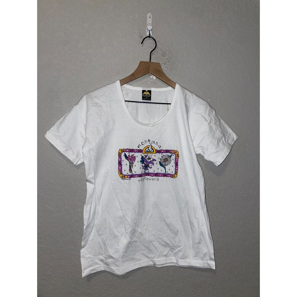Vintage Womens Montana Flower Shirt Wildflowers Graphic White Tee 90s Stained M